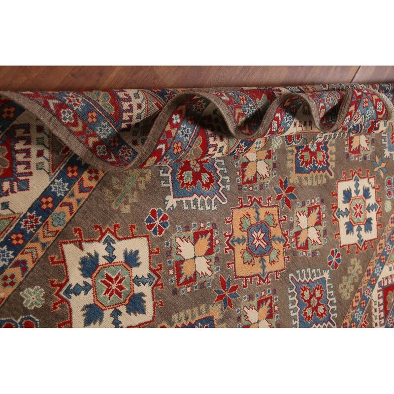 Geometric Brown Kazak Area Rug Handmade Wool Carpet - 6'7" x 9'10"