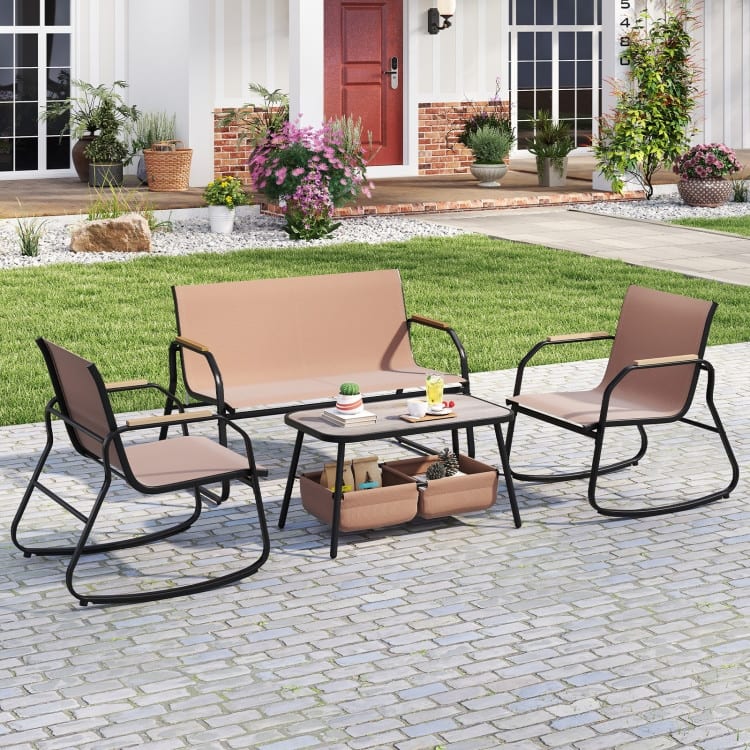 4 Piece Brown-Black Fabric Metal Outdoor Bistro Set with Loveseat and Rockers - Coffee Table: 31.5" x 18" x 16.5"