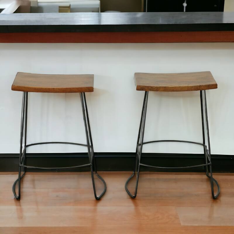 HomeRoots Set of Two 25" Chestnut And Black Steel Backless Counter Height Bar Chairs - Counter Height - Set of 2 - Chestnut