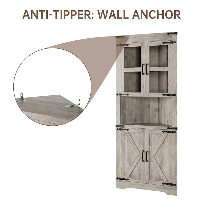 Farmhouse Corner Cabinet, Tall Corner Storage Cabinet with Barn Door & Adjustable Shelves