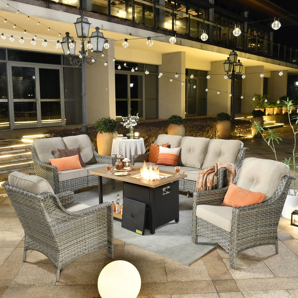 XIZZI 5-piece High-Back Wicker Patio Sofa Set with 46" Fire Pit Table