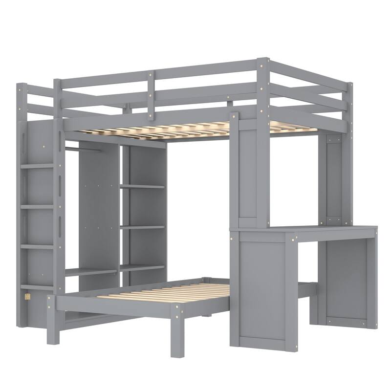 Convertible Full XL/Twin Bunk Bed with Desk, Shelves & Wardrobe, Solid Wood Frame, Grey Finish