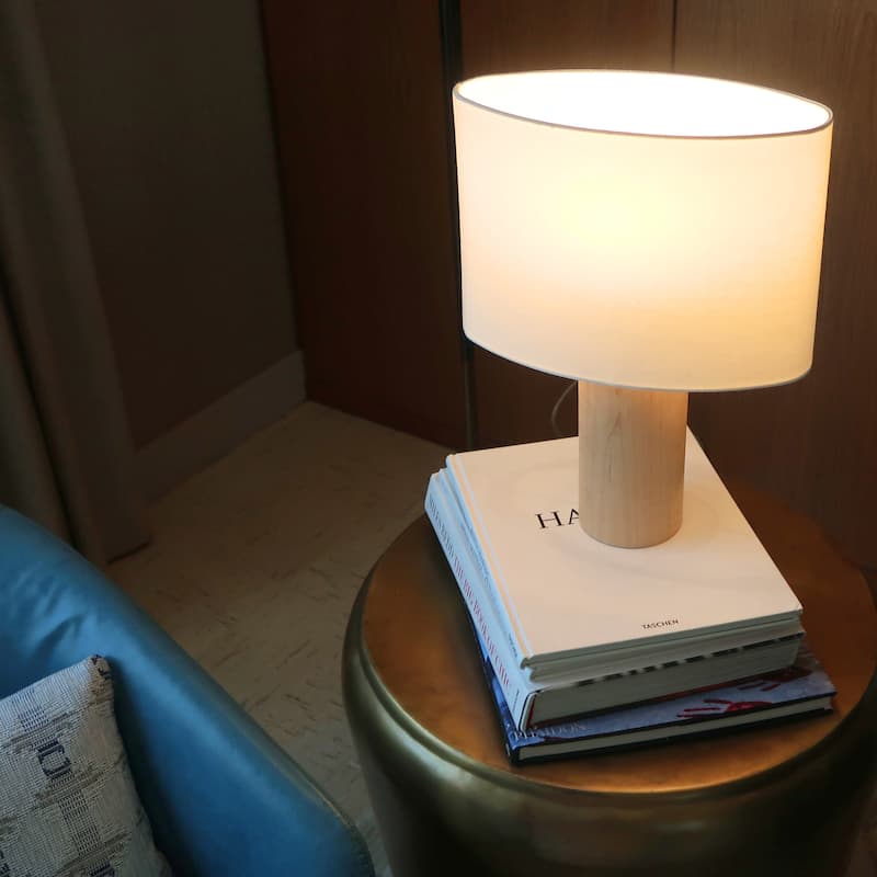 Brightech Mia 15.55 in. Polished Natural Wood Midcentury LED Standing Bedside Desk Table Lamp with Beige Cotton Drum Shade