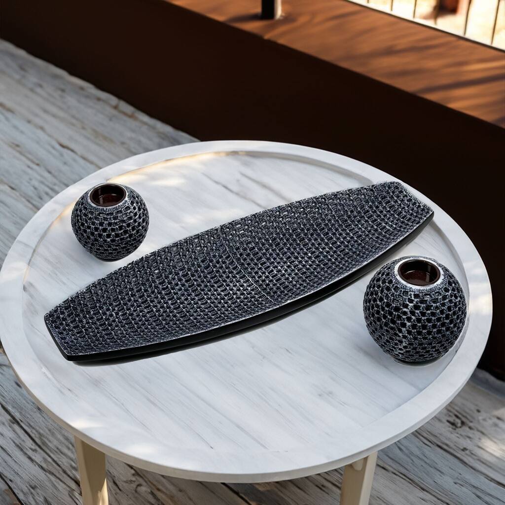 Black Woven Polyresin Candle Holders Set of Three with Tray Aria