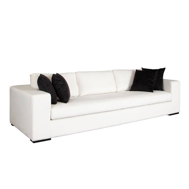 Lipi Modern Sofa, Mist White Fabric w Track Arms, 110 Inch, 4 Accent Pillows
