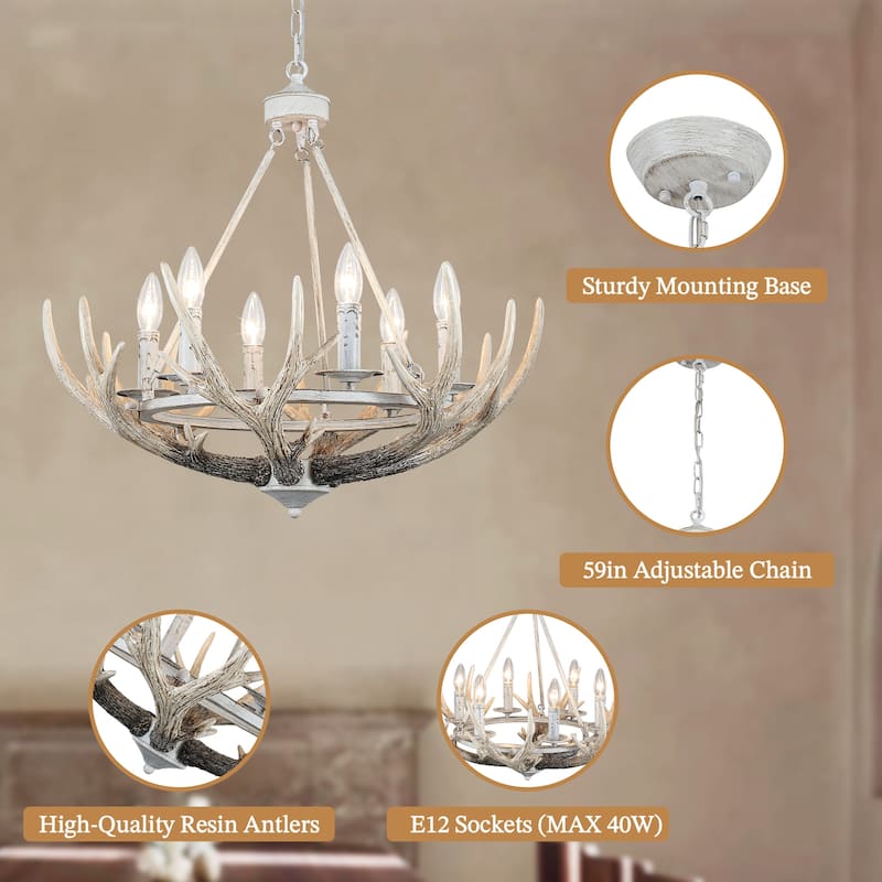 Adjustable Height 6 Lights Farmhouse Metal Frame Wagon Wheel Chandelier with Decorative Faux Antlers