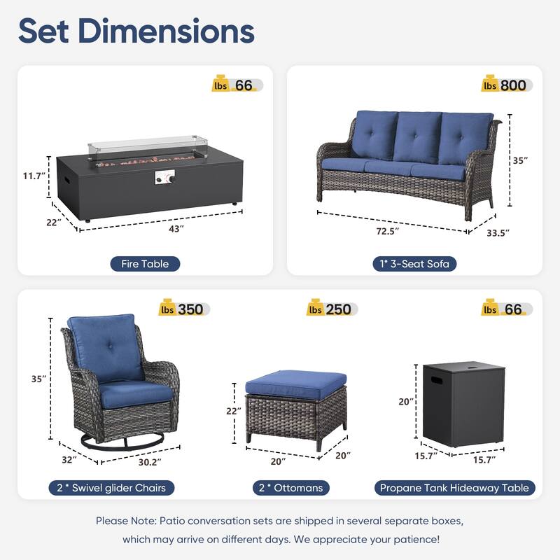 Pocassy Outdoor 7 Pieces Sofa Swivel Chair Ottoman with Fire Table