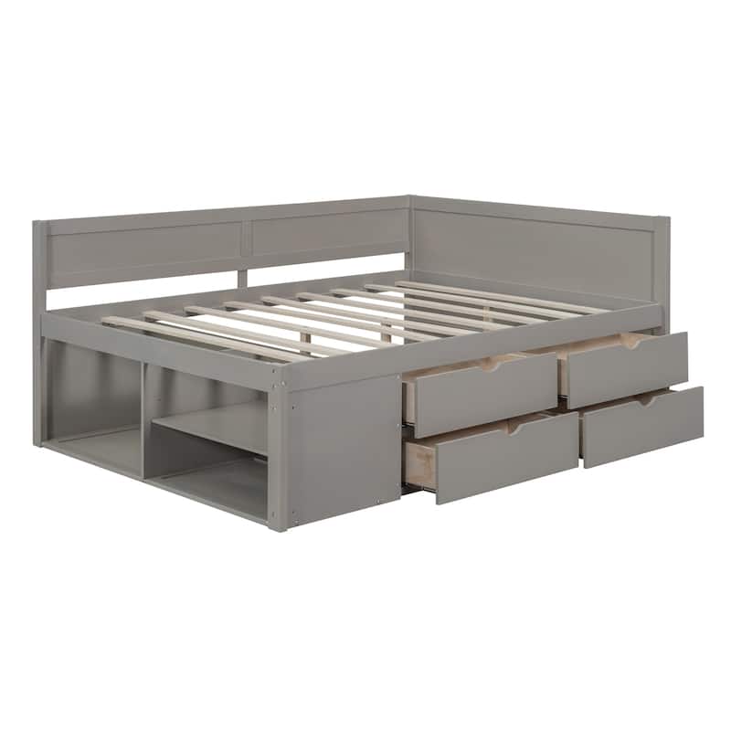 Full Size Daybed with Drawers and Shelves, Gray