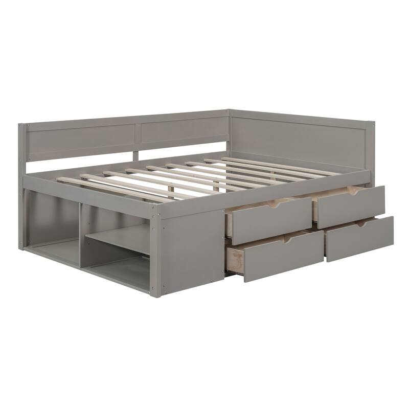 Pine Wood Daybed Frame with 4 Storage Drawers & Shelves