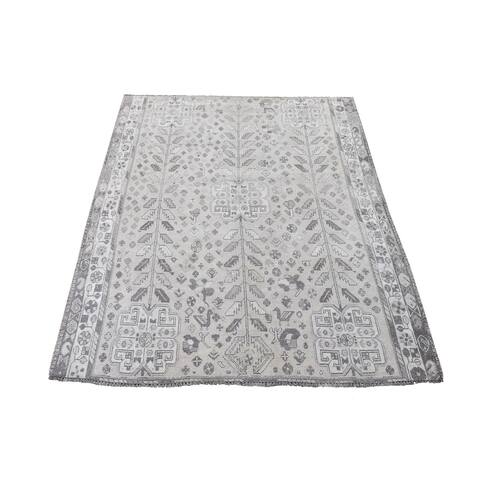 Shahbanu Rugs Gray, Semi Antique Persian Shiraz, Worn Down Distressed, Hand Knotted Organic Wool Clean, Oriental Rug (4'7"x6'0")
