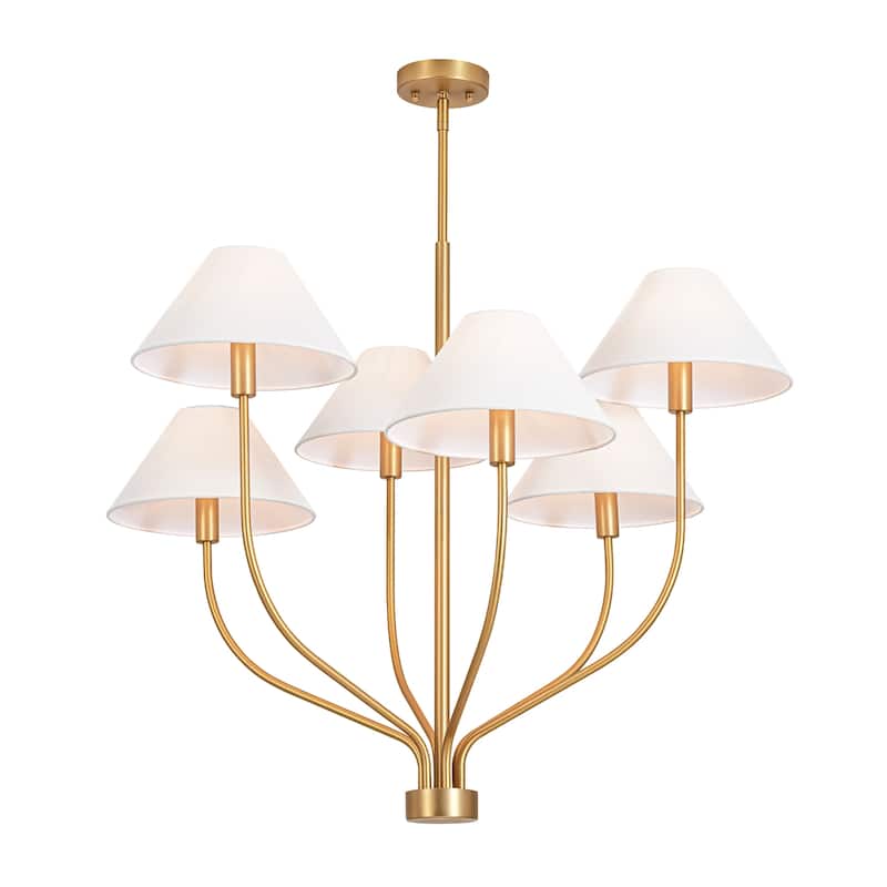 6-Light Modern Gold/Matte Black Sputnik Staggered Large Chandelier with Cone White Fabric Shade