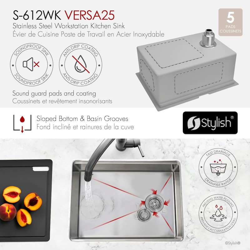 Undermount 25 inch Stainless Steel Single Bowl Workstation Kitchen Sink with Black Accessories Handmade