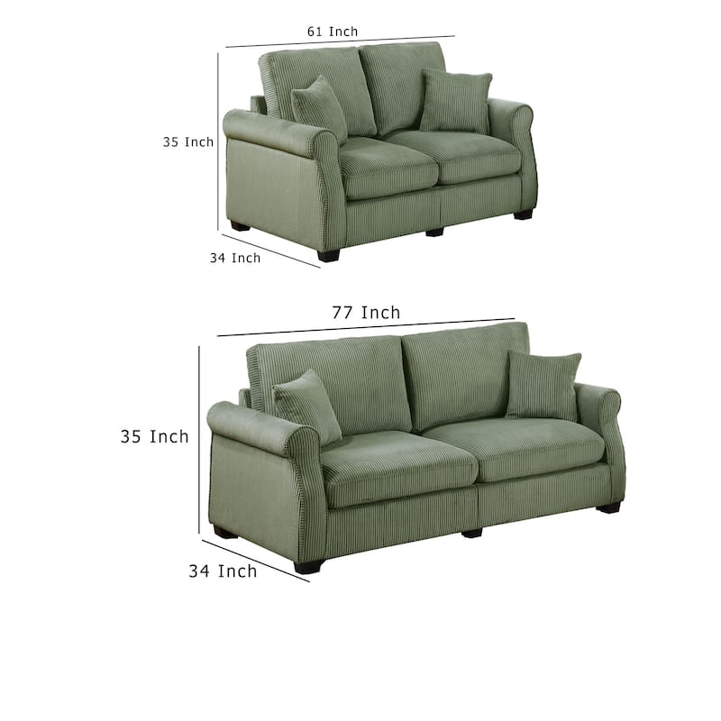 Jesica 2pc Loveseat n Sofa Set, 2 Pillows, Sage Green Corduroy Fabric