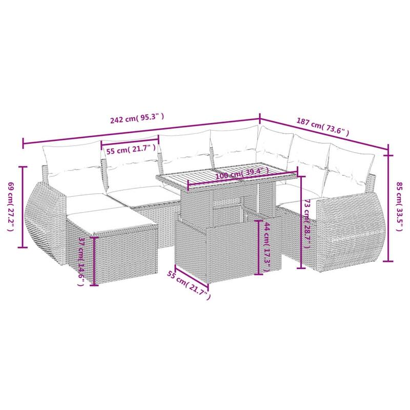 vidaXL Patio Sofa Set with Cushions Outdoor Conversation Furniture Poly Rattan - 21.7 x 24.4 x 27.2