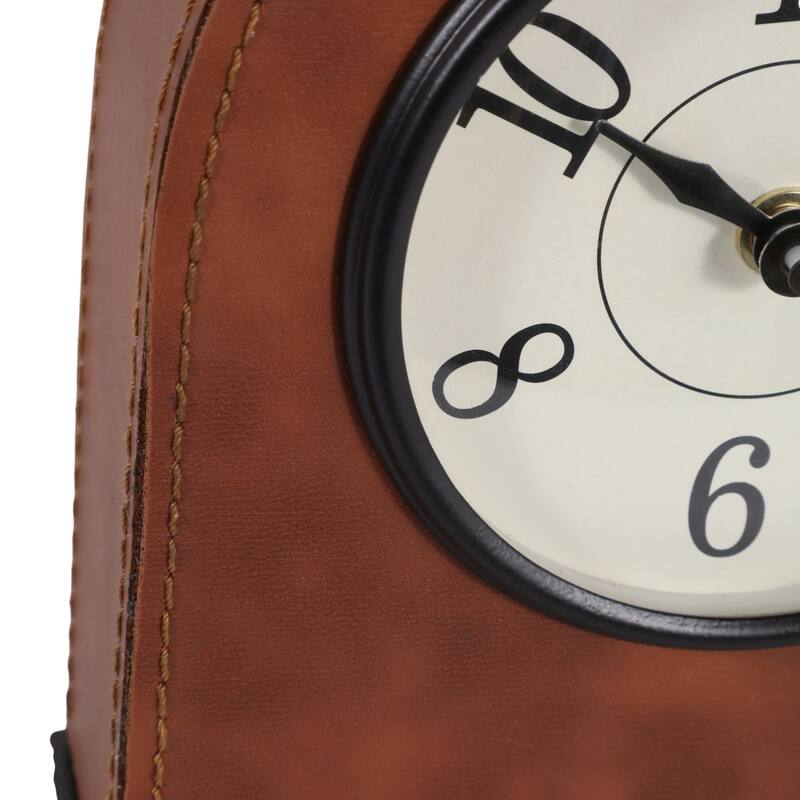 Iron Faux Leather Desk Clock Modern Casual - 8" Brown/White - 6.25" x 2.25" x 8.25"