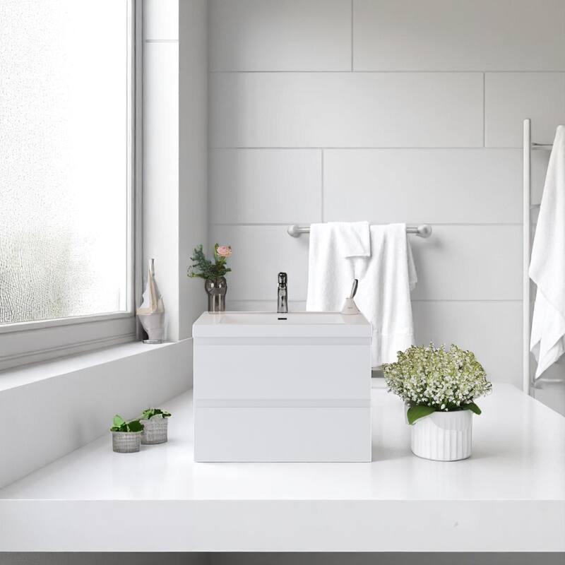 42" Wall-Mounted Bathroom Vanity with Glossy White Resin Sink - Modern Floating Bathroom Cabinet with Soft-Close Hinges - White - 30 in 30 in Wood