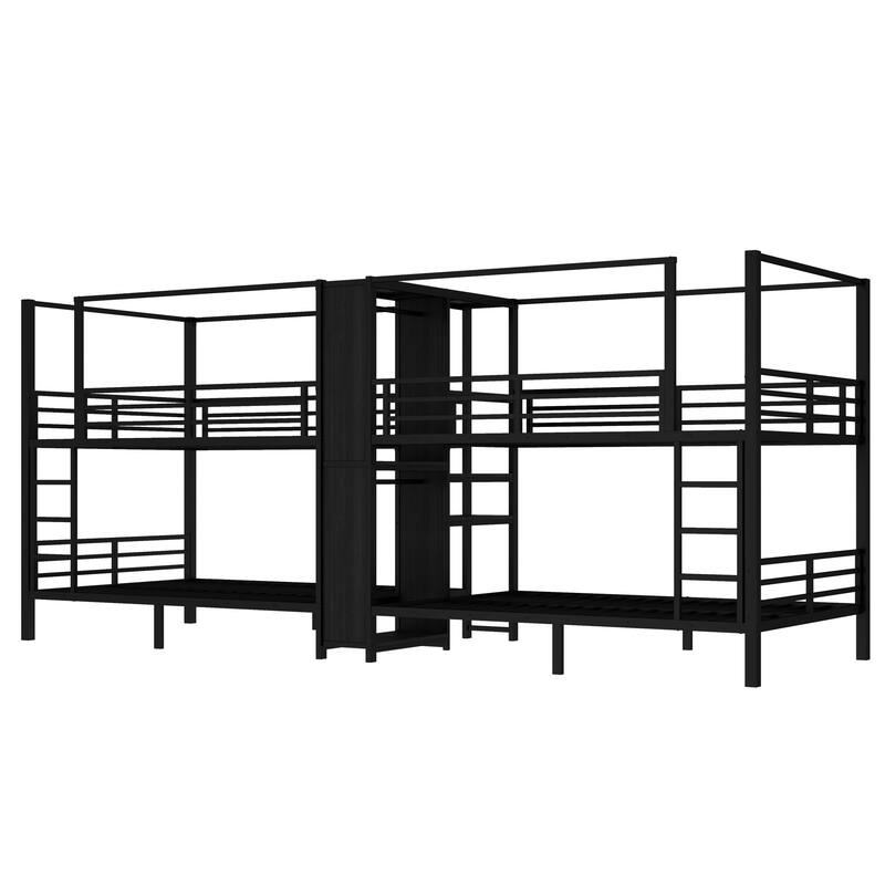 Roomfitters Twin/Full/Queen Quadruple Metal Bunk Bed with Built-in Storage Shelves & Wardrobe, Sturdy Noise-Reduced Frame, Black