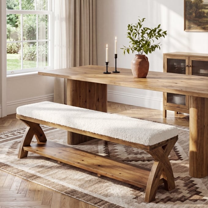 55" Solid Wood End of Bed Bench, 2-Tier Upholstered Dining Bench - Brown & White