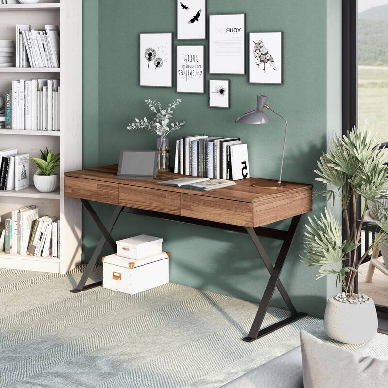 Vae Industrial Black 59-inch Metal Computer Desk with USB by Furniture of America - Walnut