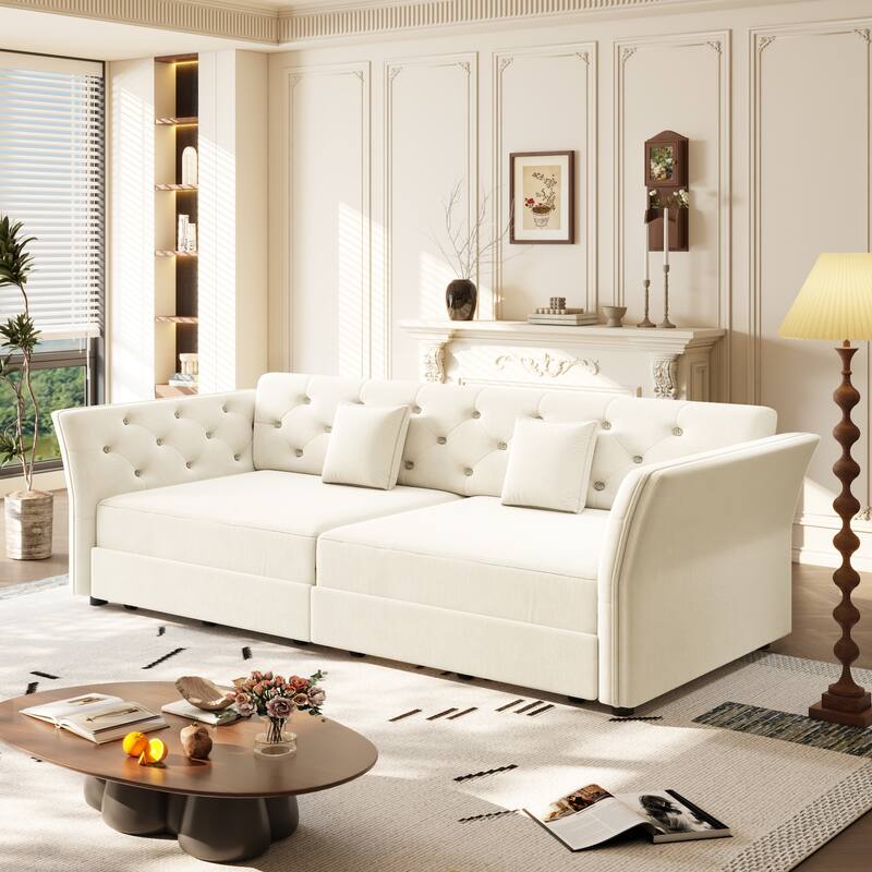 74.4" Velvet Sofa Bed, Pull-Out Sleeper Couch, Convertible Loveseat, Upholstered Sofa Bed with Tufted Backrest, Flared Arms - Beige+White - 3 Seat