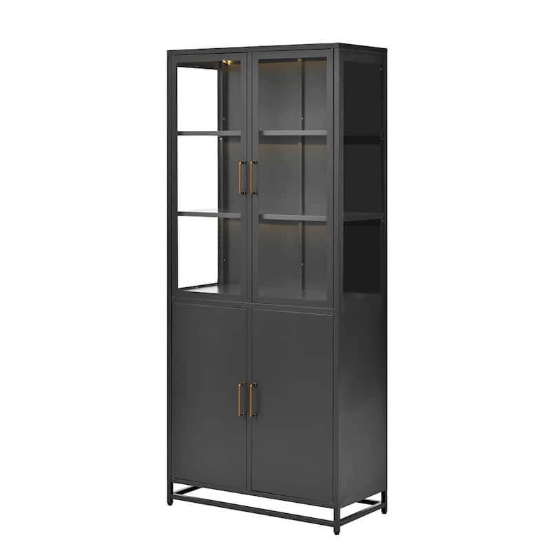 76.75'' Tall Display Cabinet with Double Glass Doors and LED Lights Steel Curio Cabinet for Collectibles Figures Trophies