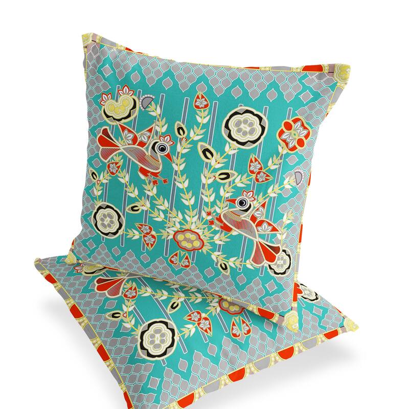 HomeRoots Set of Two 16" X 16" Blue and Yellow Peacock Blown Seam Floral Indoor Outdoor Throw Pillow - 16.00' X '16.00' X '5.00