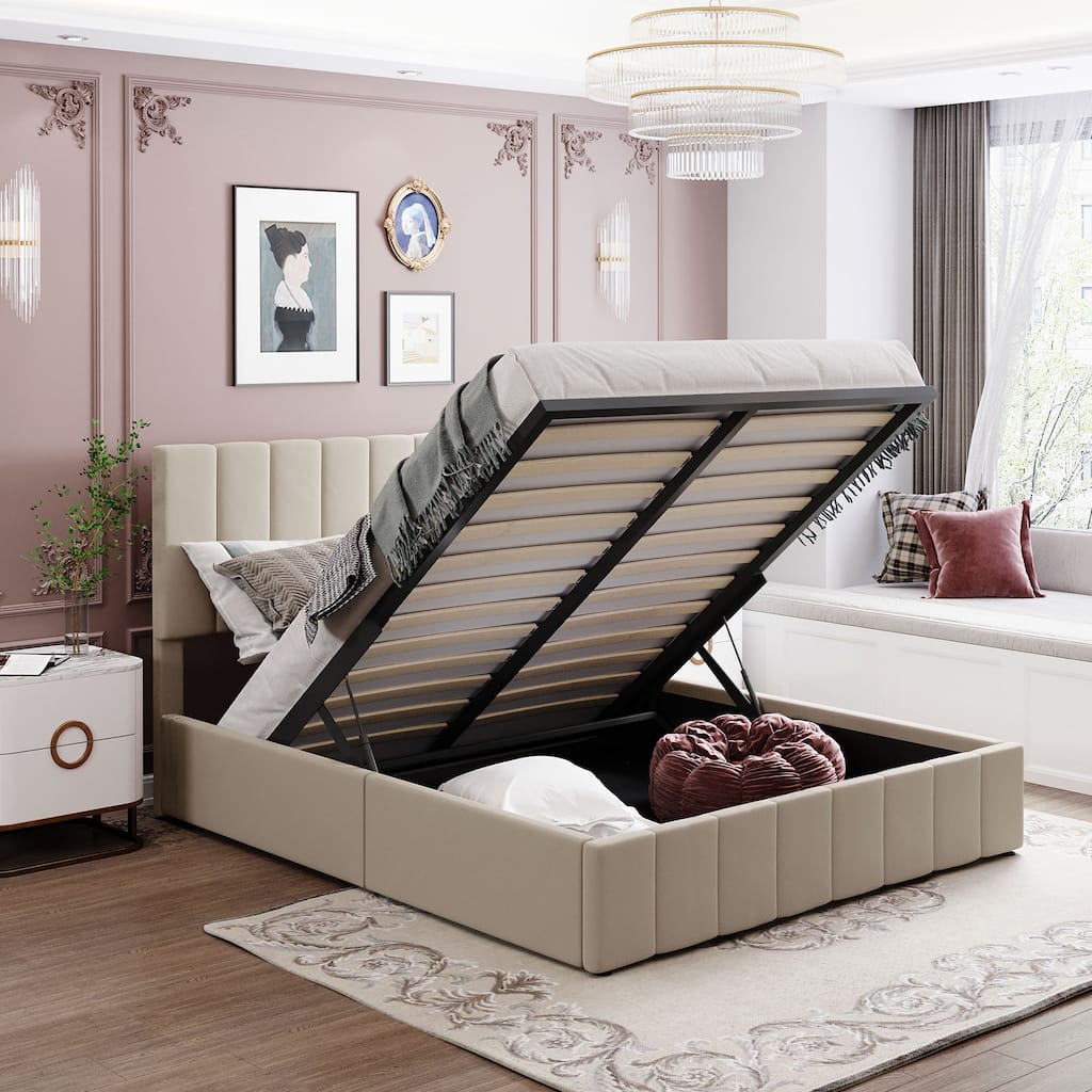Queen Upholstered Platform Bed with Hydraulic Storage, Beige