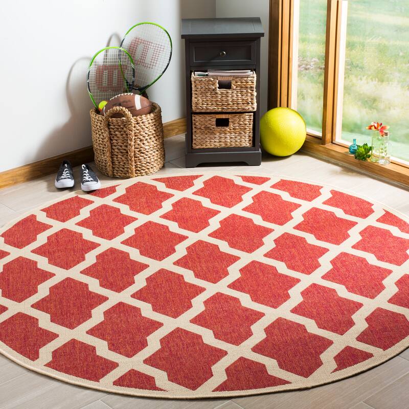 SAFAVIEH Linden Shirleyann Trellis Indoor/ Outdoor Patio Backyard Rug - 6'7" Round - Red/Creme