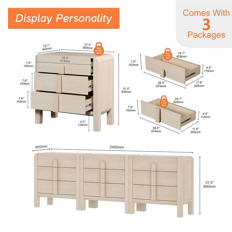 WAMPAT Wood Dresser For Bedroom, Mid Century Modern Chest Of Drawers With Storage, 9 Drawer Dresser With Curved Profile Design