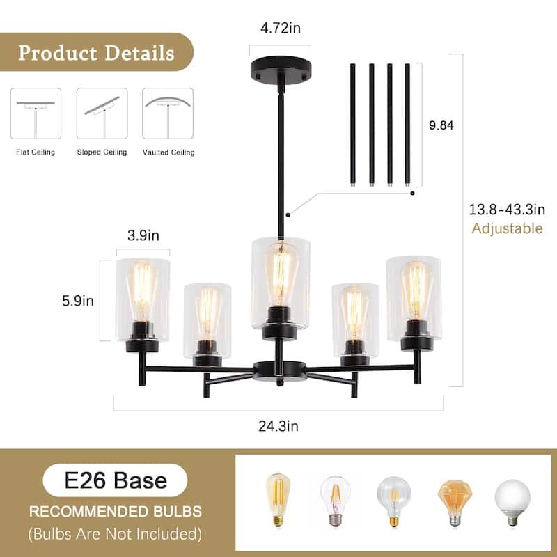 5-Light 5.9"H x 24.3"W Farmhouse Chandelier for Living Room Bedroom
