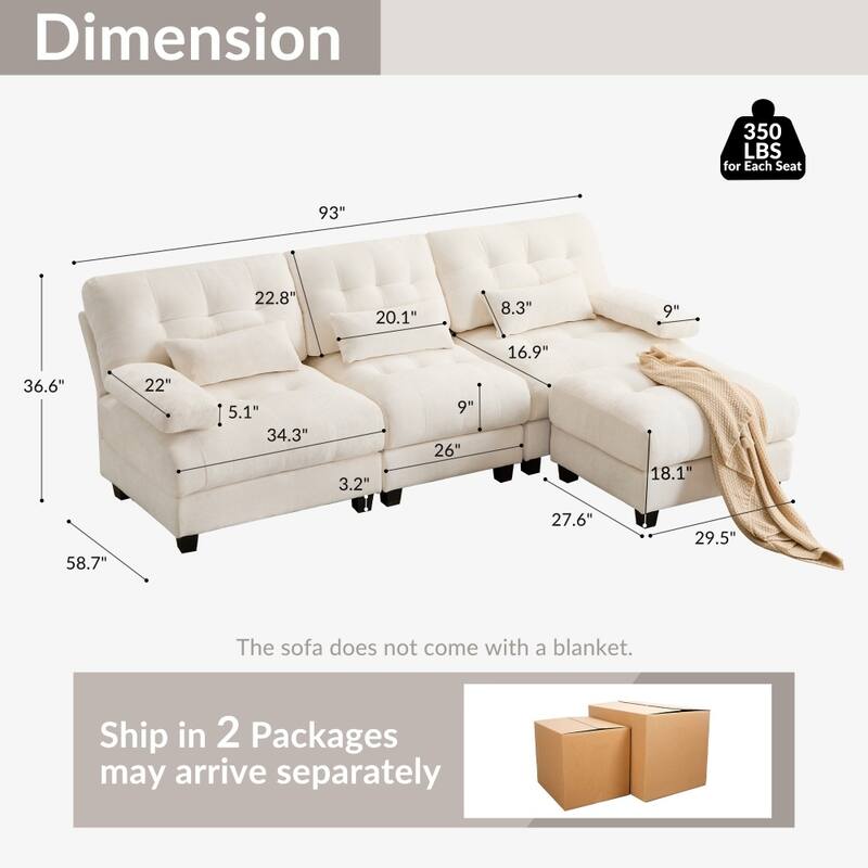 93" Modern Adjustable Backrest Sectional Sofa Set with Throw Pillows