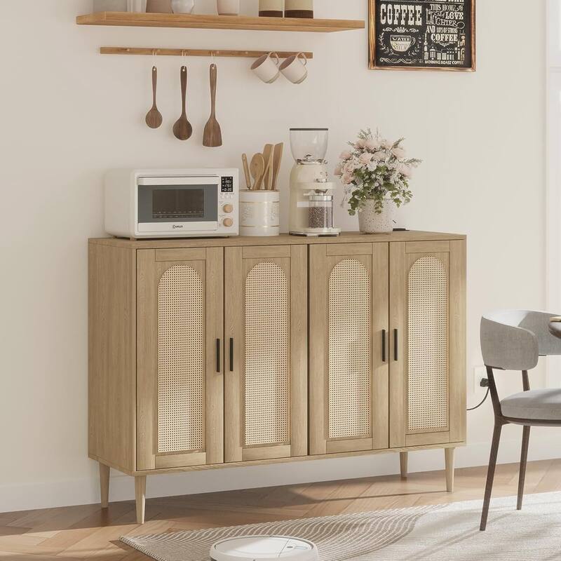 Rattan Sideboard Buffet Cabinet With Power Outlet, BOHO Wooden Side board With 4 Doors