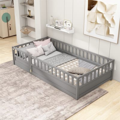Twin Size Wood Floor Bed with Barrier Door