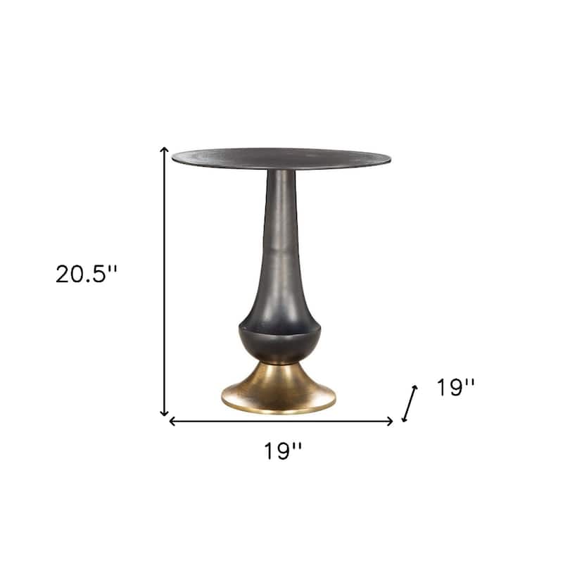 21" Modern Black Aluminum Round Side End Table with Gold Pedestal Base for Living Room - 20.5”H x 19”L x 19”W