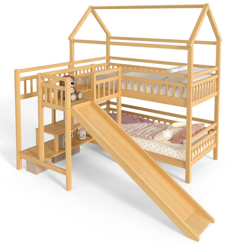 House-shaped Bunk Bed Playful Kids Bed Frame with Storage Stairs, Slide and 2 Placement Methods for Boys and Girls