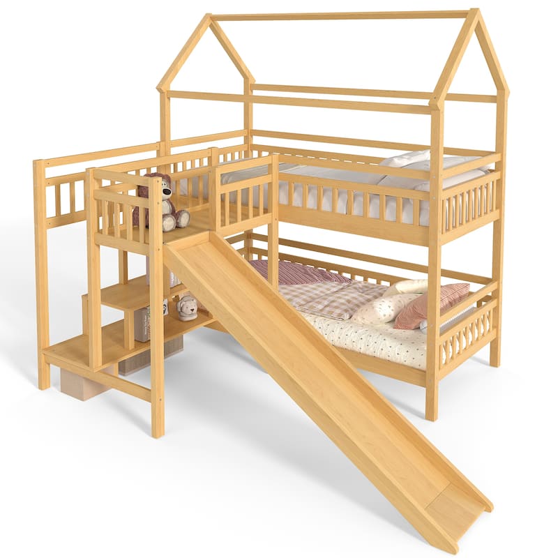 Twin House-shaped Bunk bed with Slide,Playhouse Bed with Storage Stairs, Two Placement Methods, Noise-free Design, Natural