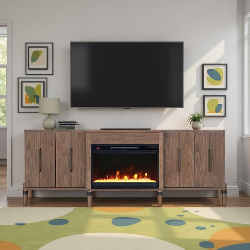 Bridgevine Home Tranquility 78 inch Fireplace TV Stand for TVs up to 90 inches, Minimal Assembly, Walnut Finish