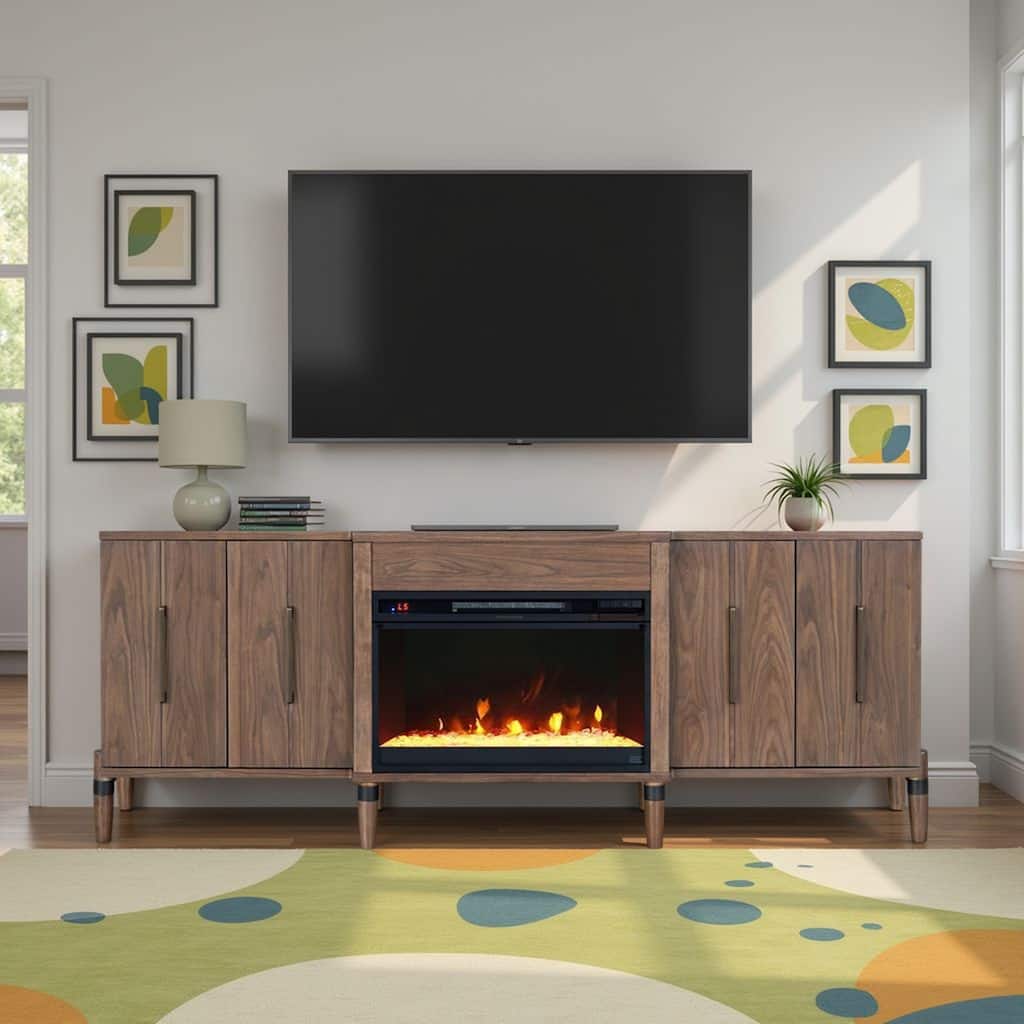 Bridgevine Home Tranquility 78 inch Fireplace TV Stand for TVs up to 90 inches, Minimal Assembly, Walnut Finish