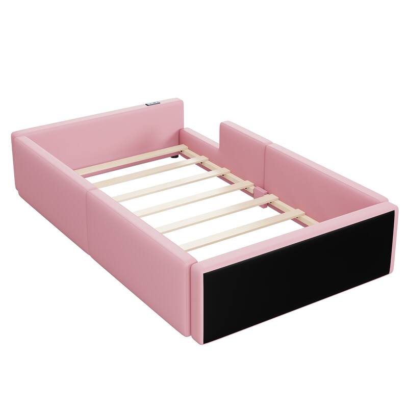 Pink Twin Upholstered Platform Bed with Guardrail and Charging Station