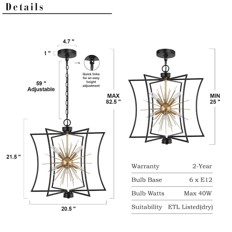 Modern Farmhouse 6-Light Black Gold Sputnik Chandelier Metal Cage Pendant Lighting for Dining Room - 20.5" D x 21.5'' H