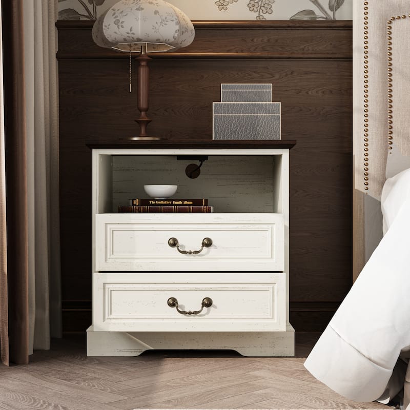 Farmhouse Nightstand with 2 Drawers, Open Shelf & Power Port, Rustic Bedside Table, Antique Brass Handles, White/Grey