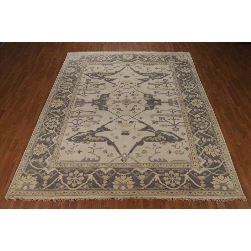 Floral Ivory Oushak Indian Area Rug Hand-Knotted Wool Carpet - 8'3" x 9'8"