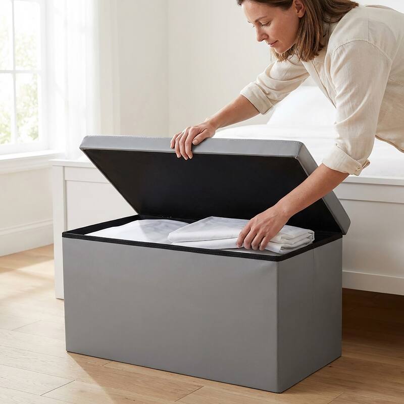 2 in 1 Folding Storage Ottoman Bench Faux Leather