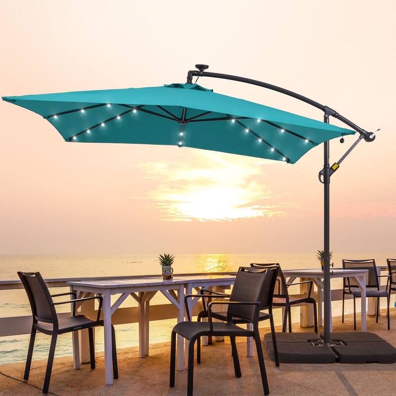 BONOSUKI 8.2Ft Solar Powered Cantilever Patio Umbrella With Base - Pacific Blue