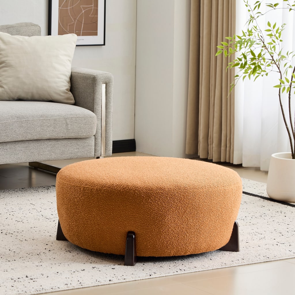 Modish Pumpkin Orange Round Ottoman - Boucle Top with Splayed Rubber Wood Legs