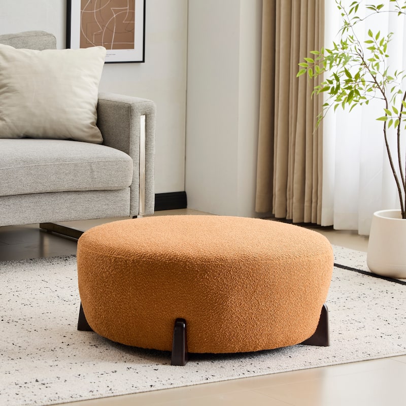 Modish Pumpkin Orange Round Ottoman - Boucle Top with Splayed Rubber Wood Legs