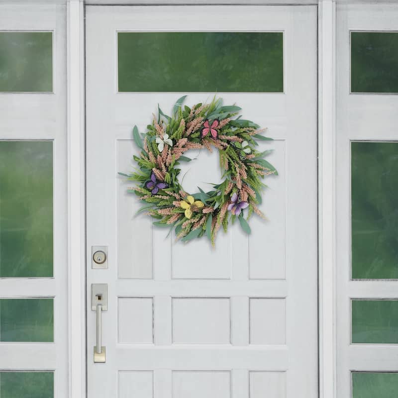 24" Artificial Salix Leaf With Butterfly Floral Spring Wreath