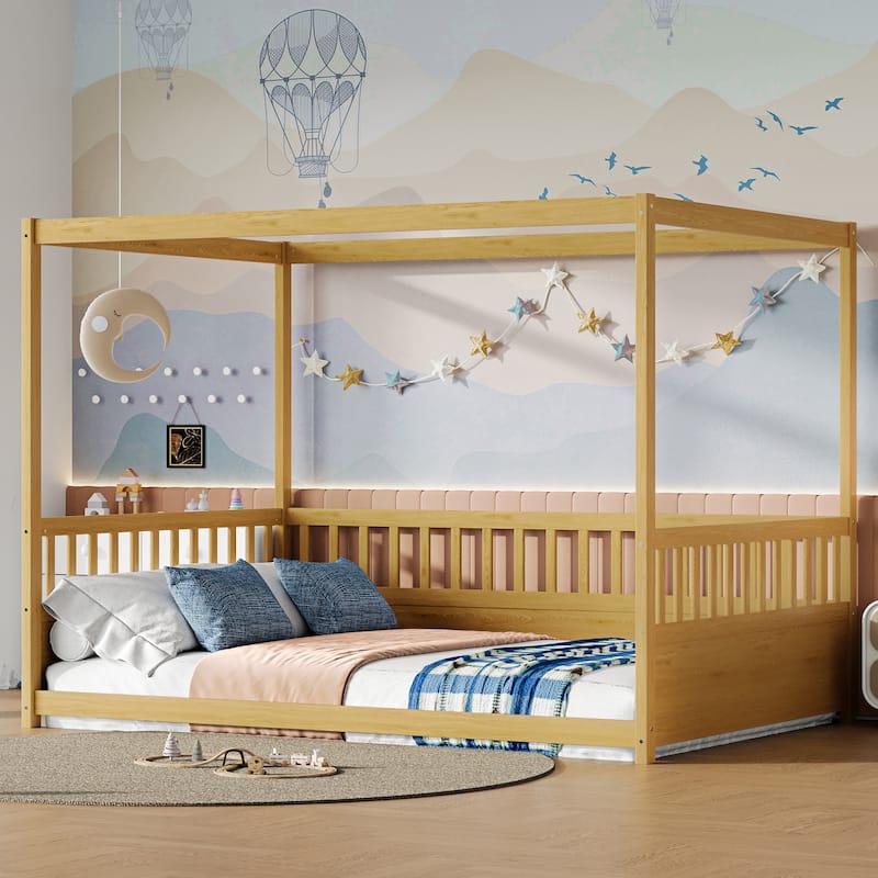 Canopy Bed Frame With Guardrails For Kids,Floor Bed Twin With 4 Poster Design,Wood Canopy Bed Frame