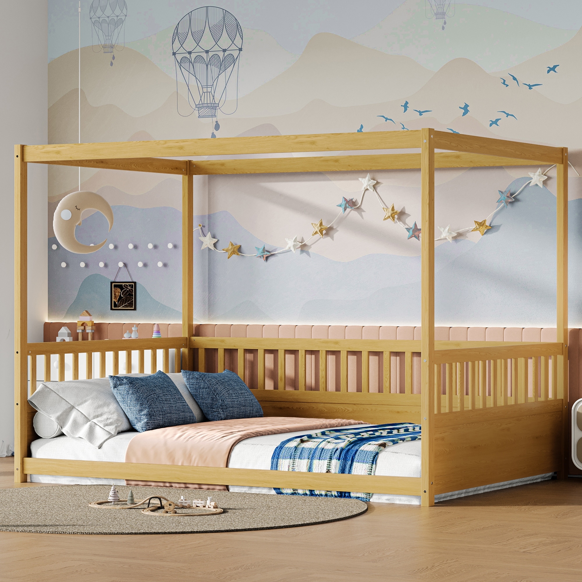 Wooden Canopy Bed Frame with Guardrails, Kids Montessori Floor Bed, Solid Pine Floor Bed Frame with Four Poster Design