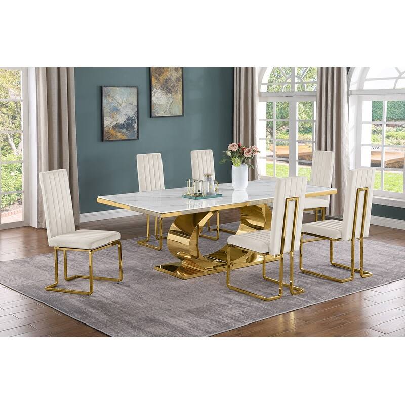 Best Quality Furniture D432/3-SC340-7 Dining Set with 87" White Marble Top - Cream / Gold - 7-Piece